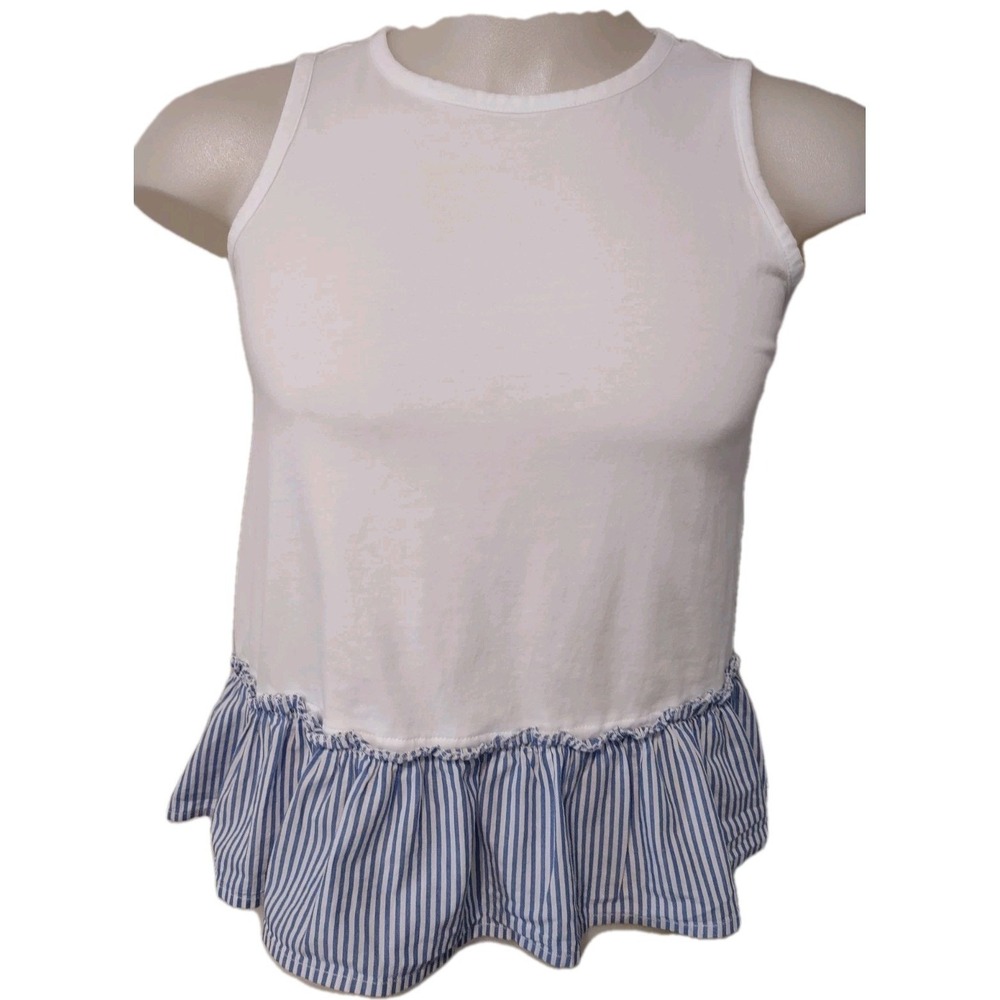 J.Crew Tank Top Womens Small White Blue Striped Ruffle Hem Peplum Summer Boho S